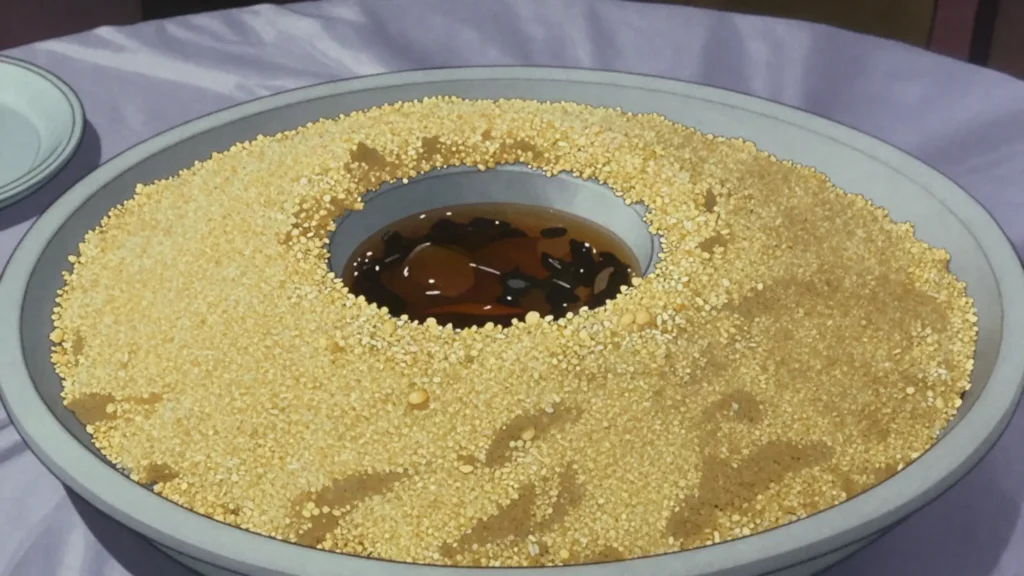 Chereh, steamed millet couscous eaten with sauce or with soured milk, Gambia main, anime style