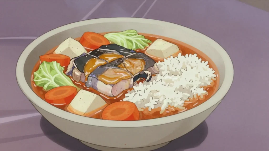 Chewi kong, catfish stewed with cabbage, carrot and cassava, served over rice, Gambia soup & stew, anime style