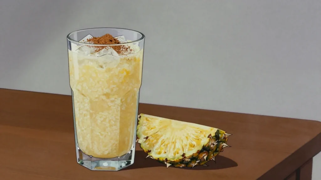 Chicha de arroz con piña, cold drink of ground rice, pineapple and cinnamon, thick and sweet, Panama drink, anime style