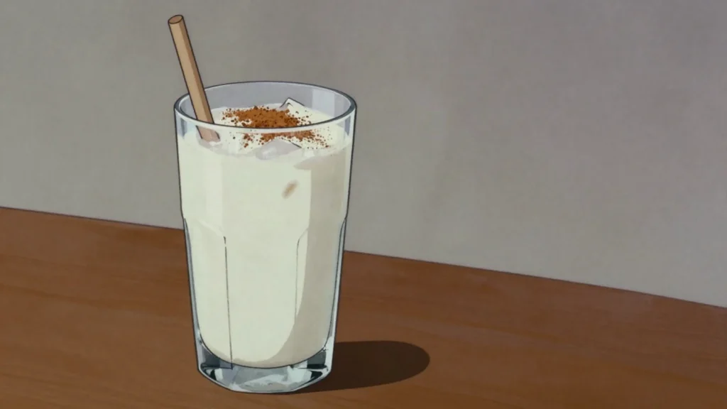 Chicha venezolana, thick sweet rice-and-milk drink served over ice with cinnamon, Venezuela drink, anime style