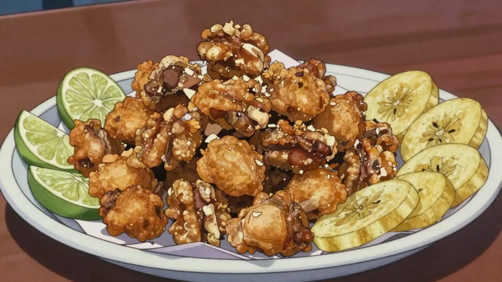 Chicharrón de pollo, small pieces of marinated chicken floured and fried very, Dominican Republic street food, anime style