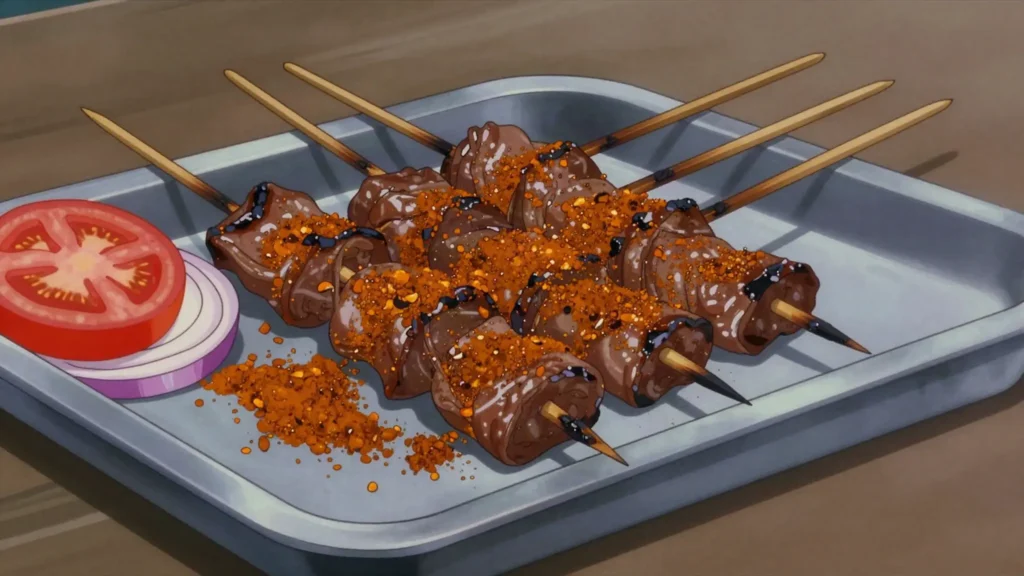 Chichinga, suya-style kebabs rolled in spiced peanut powder, Ghana street food, anime style