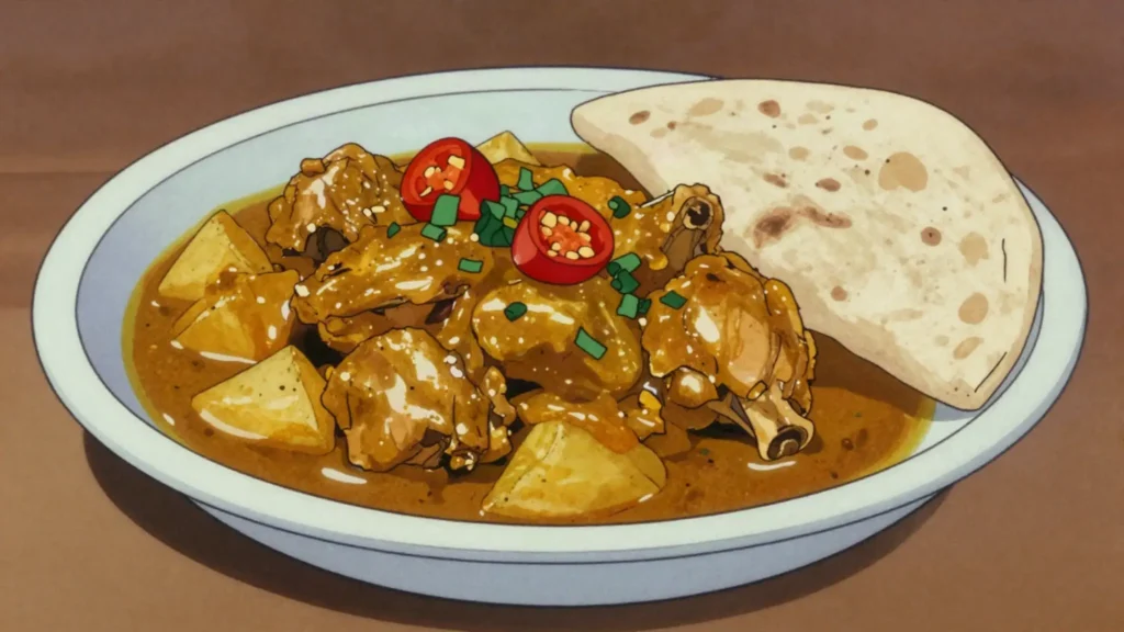 Chicken curry, curried chicken with wiri wiri heat, eaten with roti or rice, Guyana main, anime style