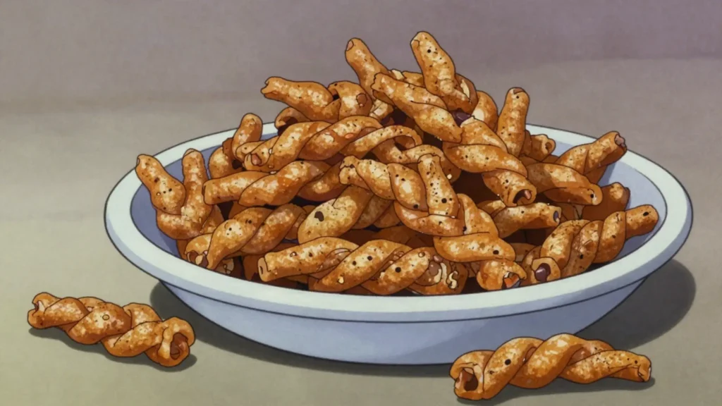 Chicken foot, twisted strips of fried seasoned dough, crunchy and eaten by the bag, Guyana snack, anime style