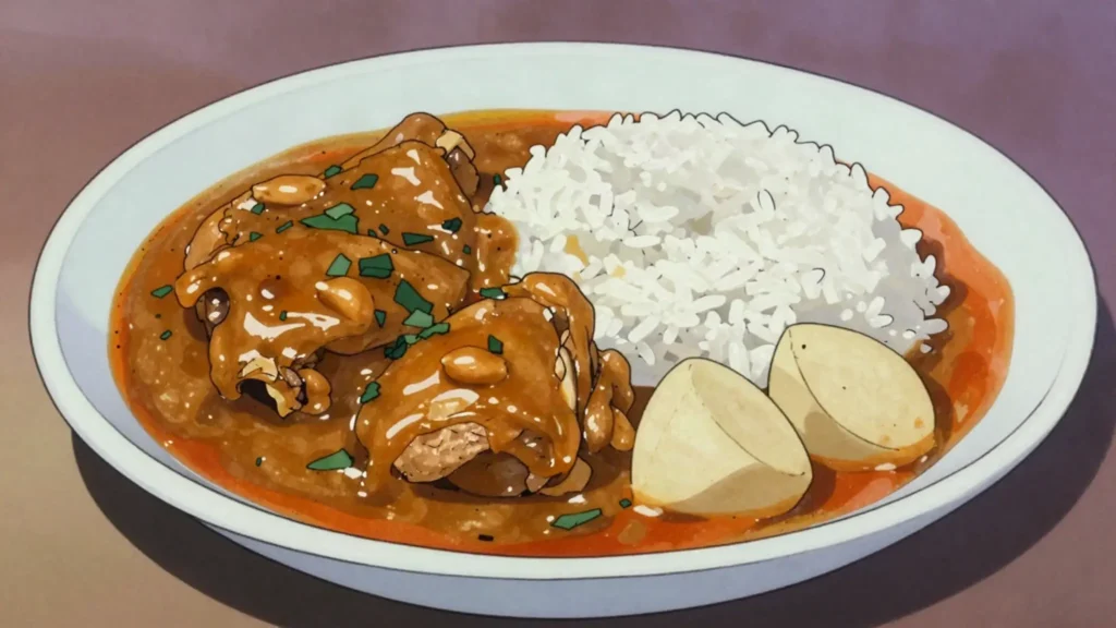 Chicken in peanut sauce, chicken simmered in groundnut sauce, served with rice or yuca, Equatorial Guinea main, anime style