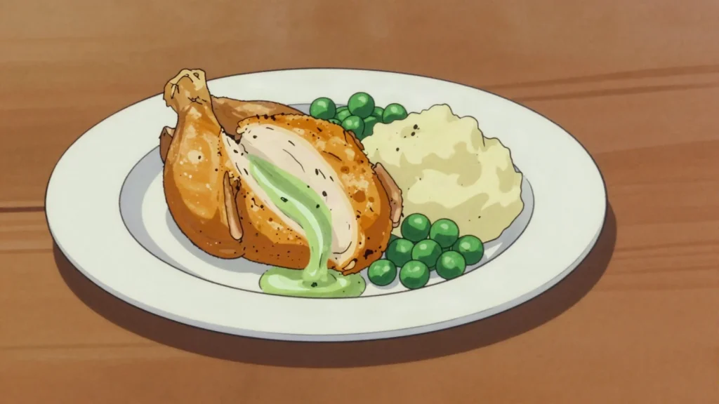 Chicken Kyiv, breaded chicken cutlet gushing herb butter when cut, Ukraine main, anime style