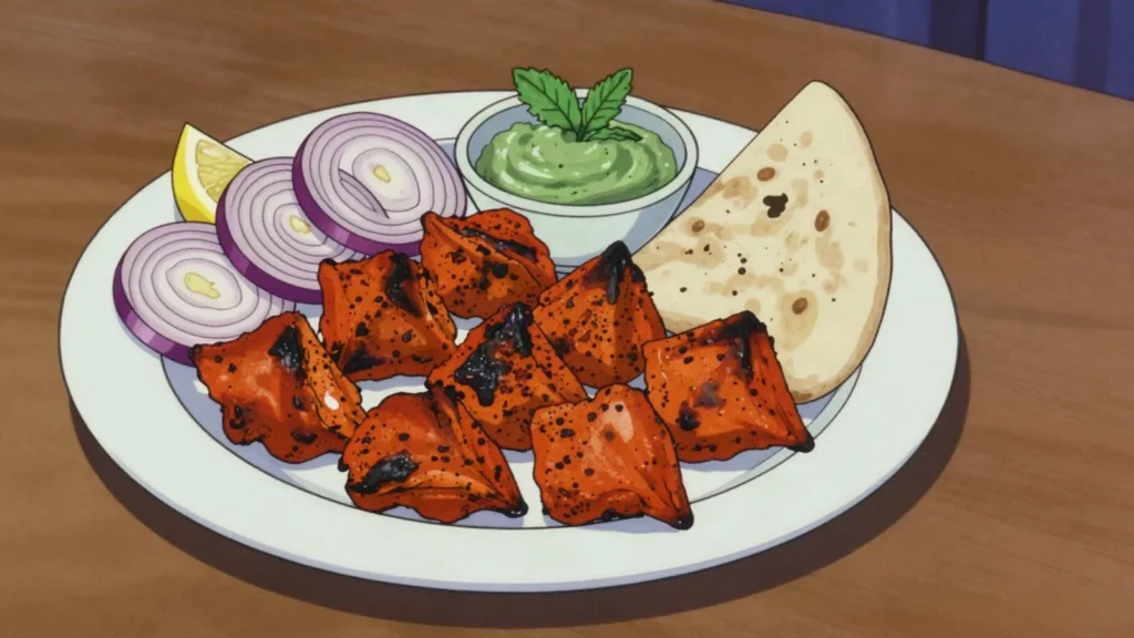 Chicken Tikka, yoghurt-marinated chicken pieces charred in a tandoor, served with naan and, Pakistan main, anime style