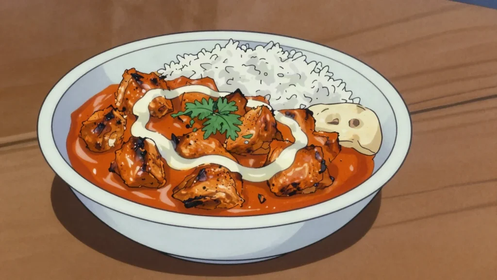Chicken tikka masala, tandoori chicken in creamy spiced tomato sauce; curry-house favourite, United Kingdom main, anime style
