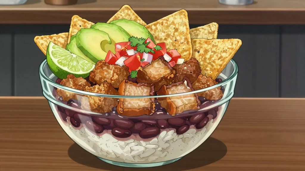 Chifrijo, bar bowl of rice, beans, chicharrón, pico de gallo, Costa Rica snack, anime style