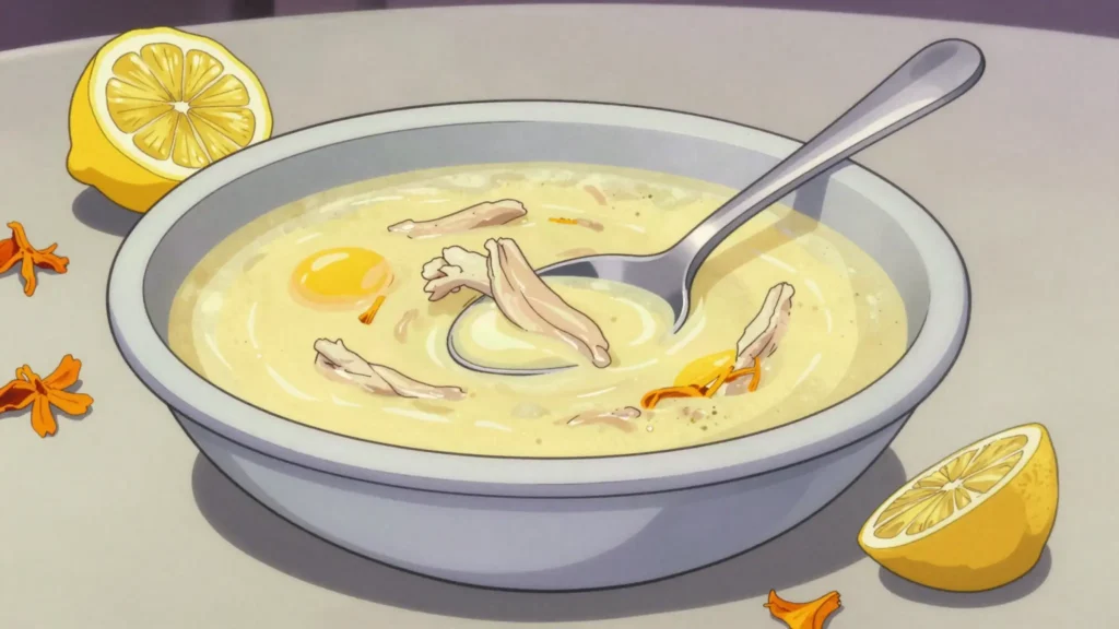 Chikhirtma, chicken broth thickened with egg and lemon; famed hangover cure, Georgia soup & stew, anime style