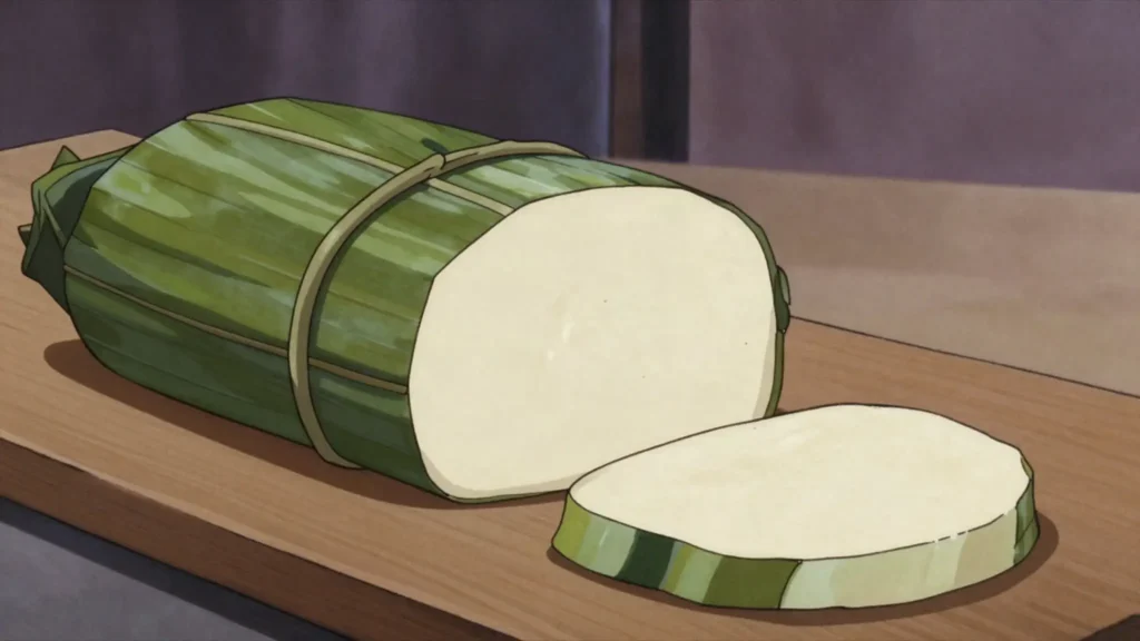 Chikwanga, fermented cassava bread steamed in leaves, travel-friendly, DR Congo salad & side, anime style