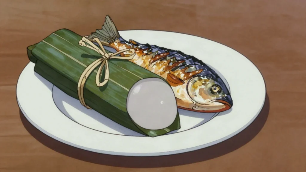 Chikwangue, tangy fermented cassava loaf steamed in leaves, Republic of the Congo salad & side, anime style