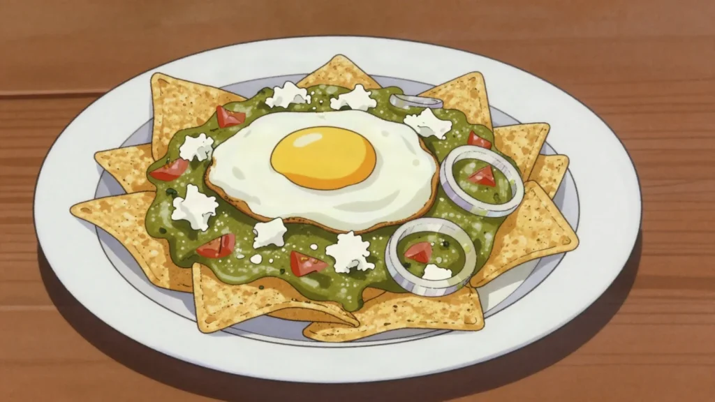Chilaquiles, fried tortilla chips simmered in salsa with crema and egg, Mexico breakfast, anime style