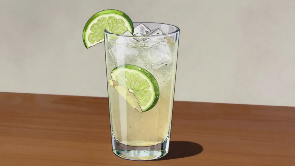 Chilcano, pisco lengthened with ginger ale, lime and bitters over ice, Peru cocktail, anime style