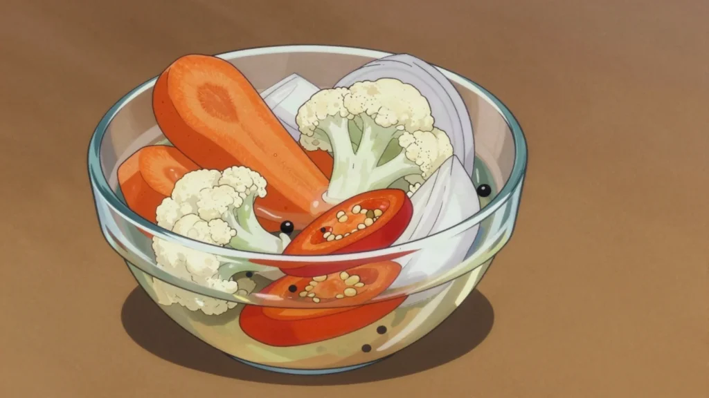 Chilera, jar of carrot, onion, cauliflower and chile in vinegar, on every table, Costa Rica fermented & pickled, anime style