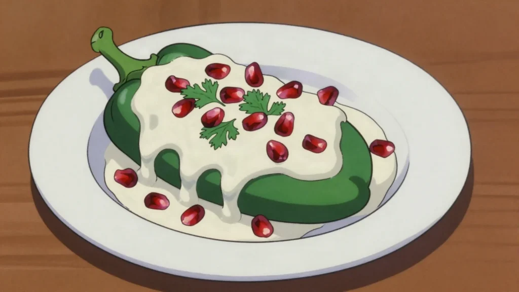 Chiles en nogada, stuffed poblano in walnut cream with pomegranate; patriotic colors, Mexico main, anime style
