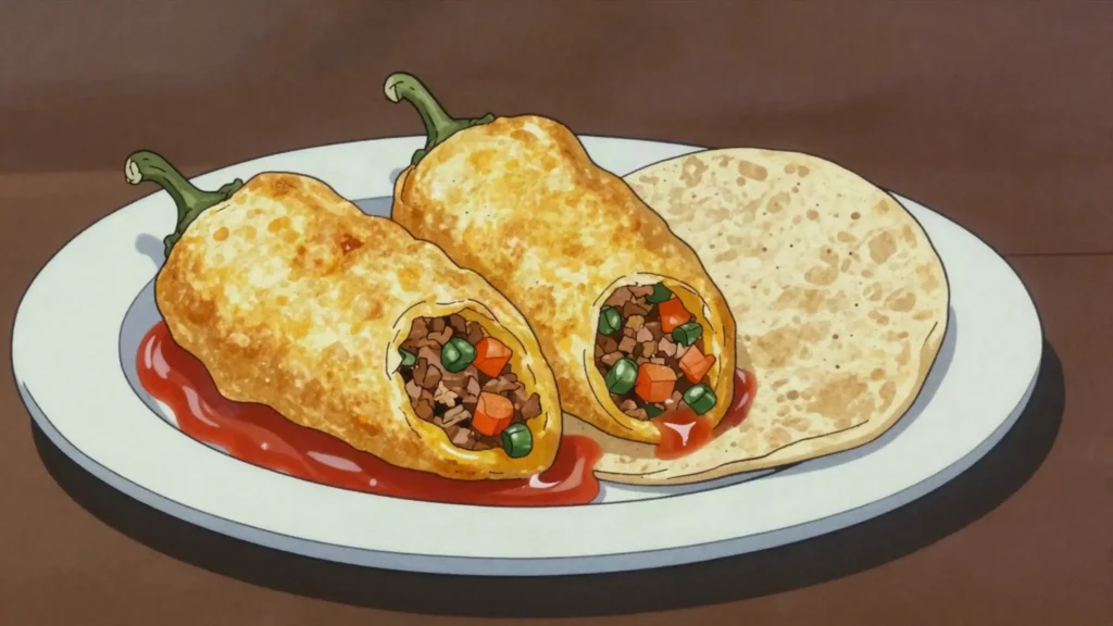 Chiles rellenos, peppers stuffed with meat and vegetables, egg-battered and fried, Guatemala main, anime style