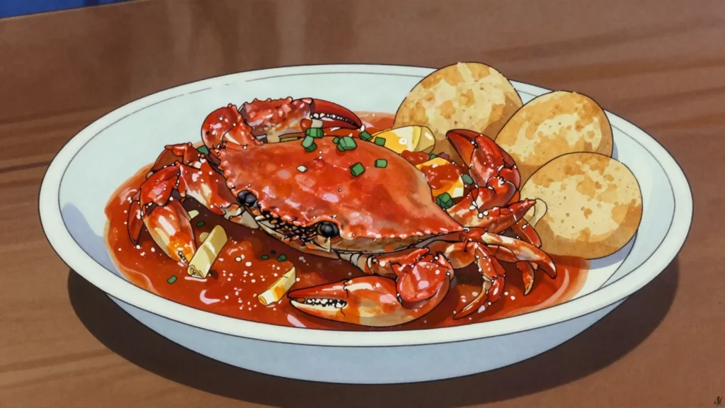 Chilli Crab, mud crab in sweet-savory tomato-chili gravy, mopped with fried mantou, Singapore main, anime style