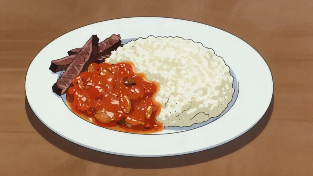Chimukuyu, beef salted and sun-dried in strips, then pounded and cooked in relish, Zimbabwe charcuterie & cured, anime style
