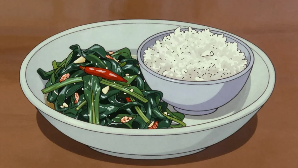 Chin Baung Kyaw, sour roselle leaves stir-fried with garlic, chilli and often dried shrimp, Myanmar main, anime style