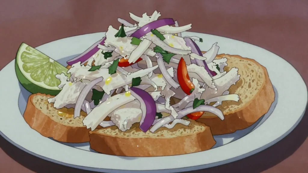 Chiquetaille de morue, shredded salt cod with lime, onion and pepper, piled on fried bread, Haiti salad & side, anime style