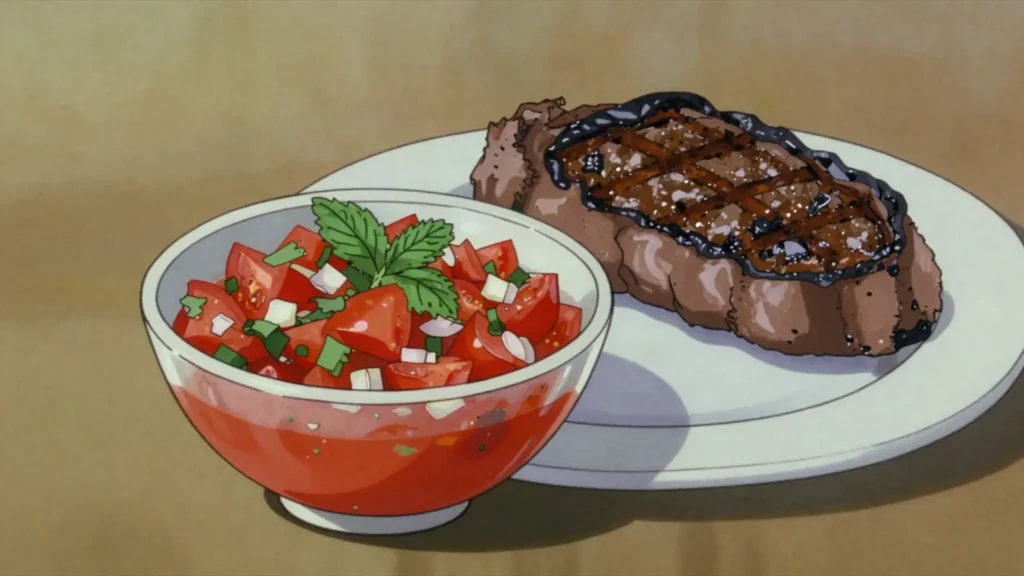 Chirmol, roasted tomato salsa with onion, cilantro and mint, spooned over grilled, Guatemala sauce & condiment, anime style