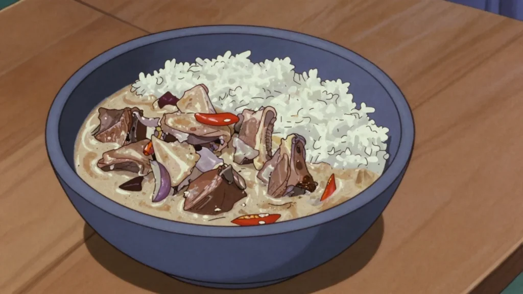 Chivo en coco, goat stewed in coconut milk with papelon, from the arid northwest, Venezuela main, anime style