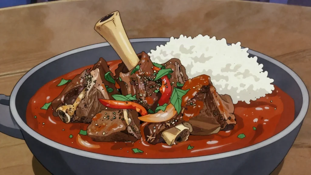 Chivo guisado, goat braised with wild oregano, a Northwest specialty, Dominican Republic main, anime style