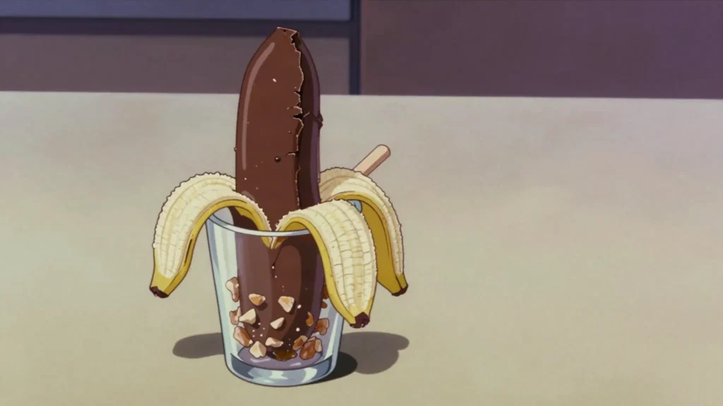 Choco banano, frozen banana on a stick dipped in chocolate and rolled in nuts, Honduras snack, anime style