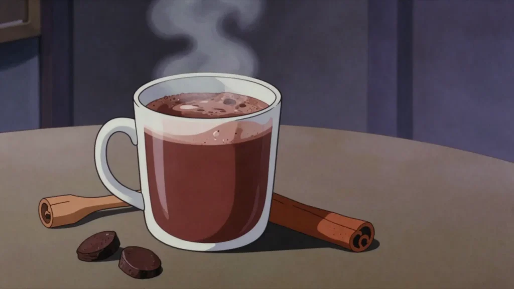 Chocolate de mesa, hot chocolate whisked from ground cacao tablets with cinnamon and sugar, Guatemala drink, anime style