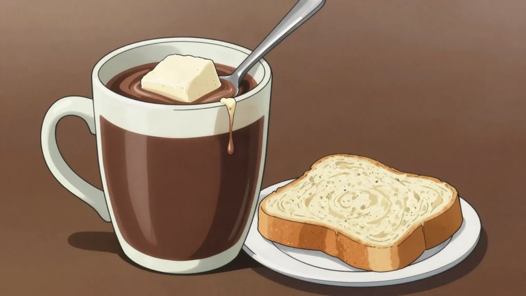 Chocolate santafereño, hot chocolate served with cheese dropped in to melt, plus bread, Colombia drink, anime style