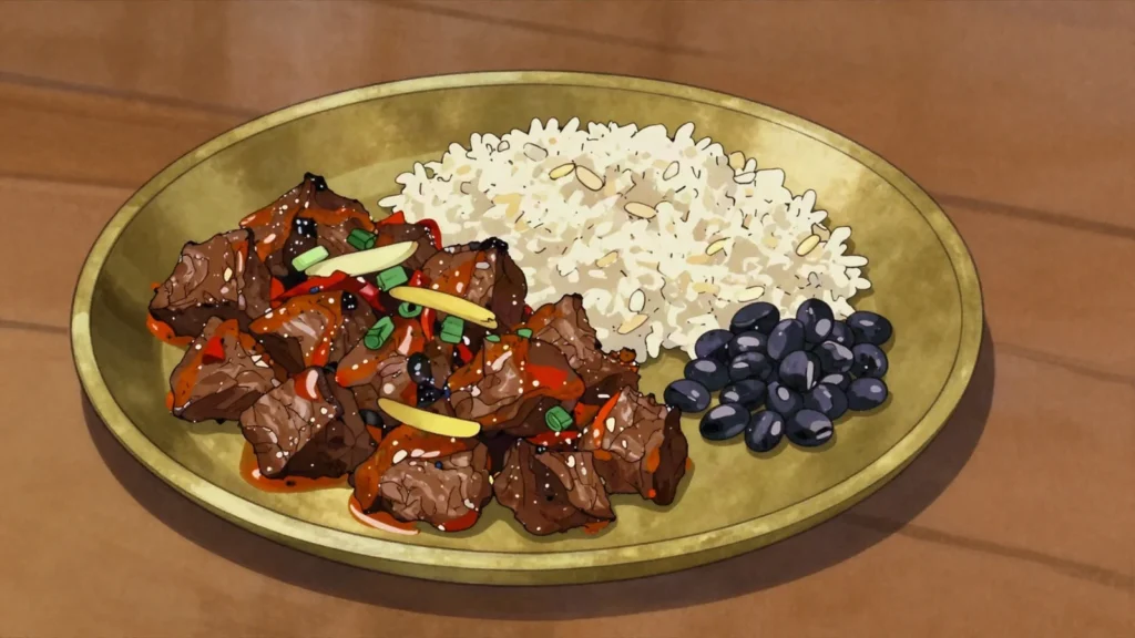 Choila, spicy grilled buffalo meat with mustard oil, timur and beaten rice, Nepal snack, anime style