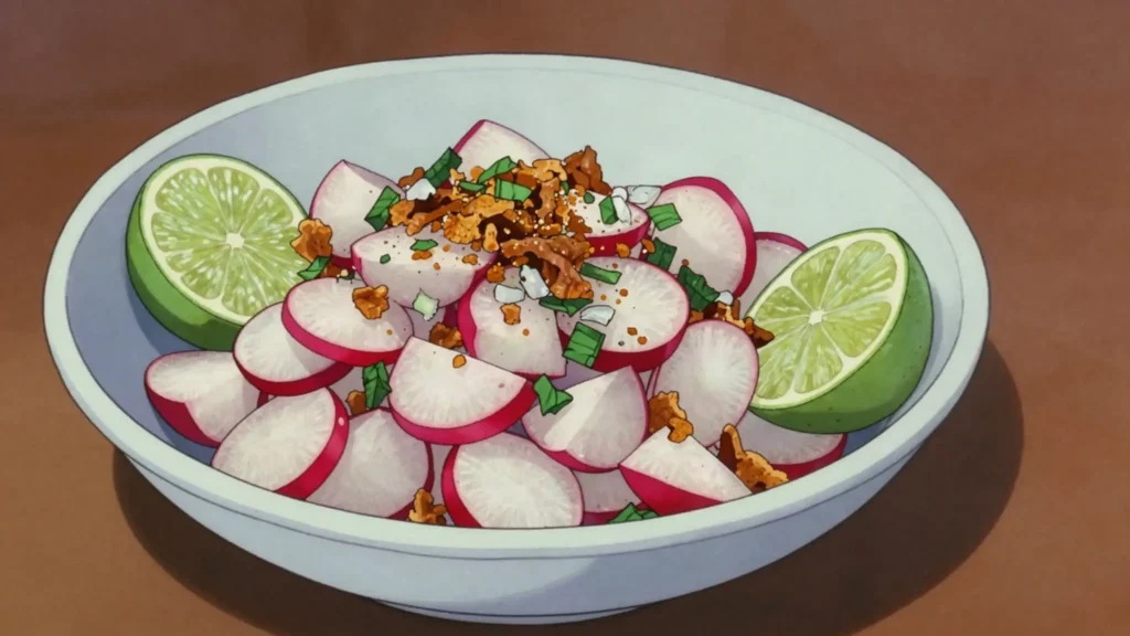 Chojín, chopped radish salad with crisp chicharron, mint and lime, Guatemala salad & side, anime style