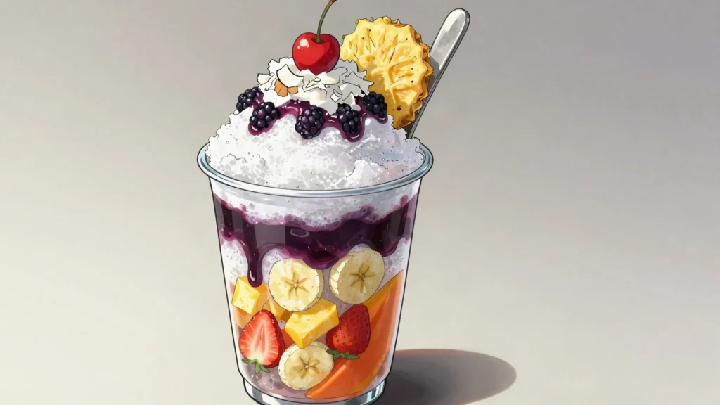 Cholado, cali shaved ice piled with fruit, condensed milk, blackberry syrup, Colombia dessert, anime style