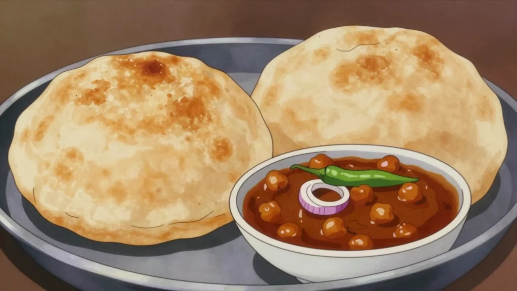 Chole Bhature, spicy chickpea curry with puffy fried bread, Punjabi favourite, India main, anime style