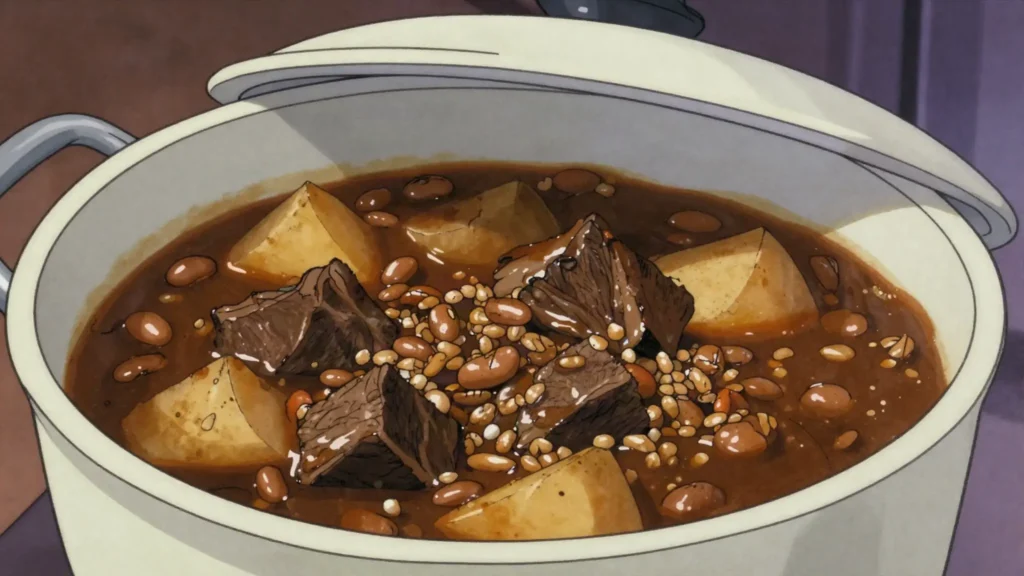 Cholent, overnight Shabbat stew of beans, barley, potatoes and beef, Israel soup & stew, anime style