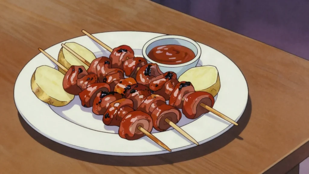 Choncholí, grilled beef intestine skewers, charred crisp, eaten with potato, Peru street food, anime style