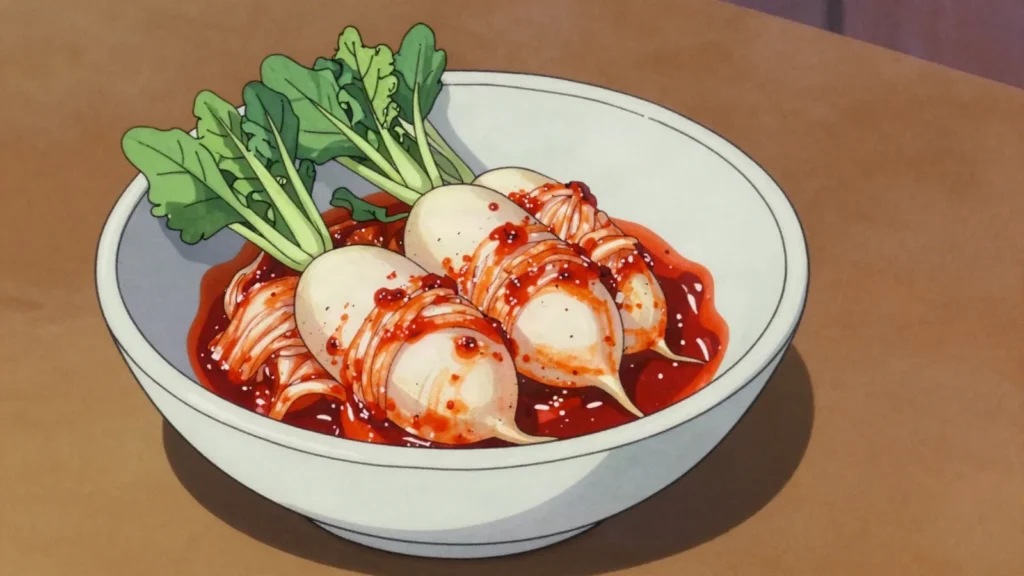 Chonggak Kimchi, whole ponytail radishes kimchi-fermented with their greens, South Korea fermented & pickled, anime style