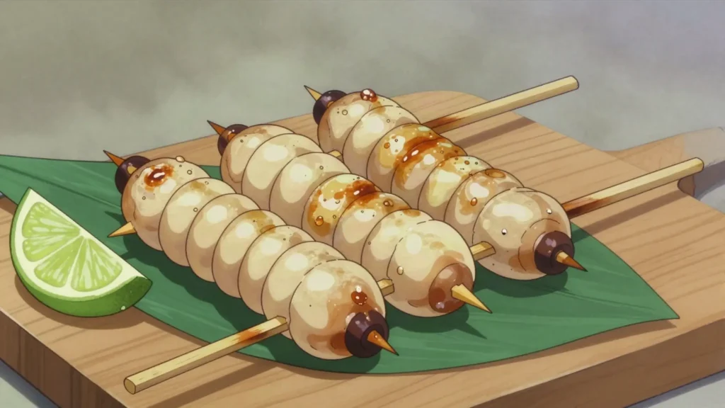 Chontacuro, fat palm weevil grubs skewered and grilled, eaten hot off the stick, Ecuador snack, anime style