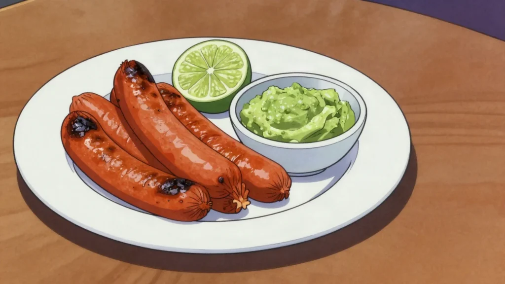 Chorizo carupanero, coarse pork sausage seasoned with garlic and annatto, Venezuela charcuterie & cured, anime style