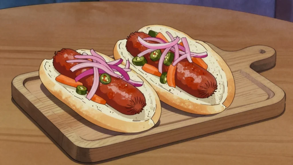 Chorizo chuquisaqueño, spiced pork sausage fried and served in bread with pickled, Bolivia charcuterie & cured, anime style