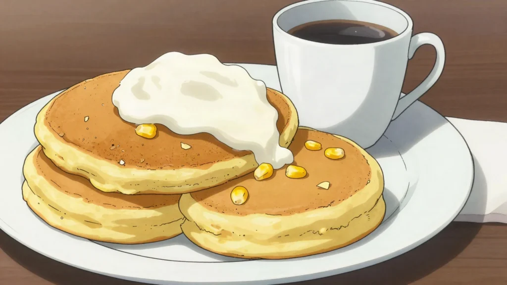 Chorreadas, fresh corn pancakes griddled and topped with natilla or cheese, Costa Rica snack, anime style