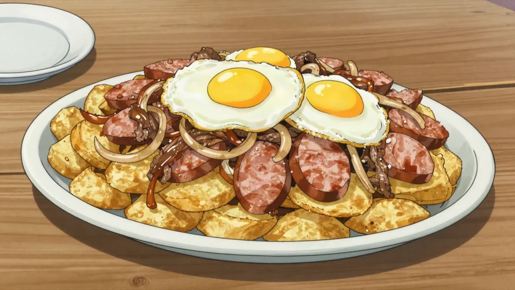 Chorrillana, fry pile under sliced beef, sausage, onions, fried eggs; Valparaíso, Chile main, anime style