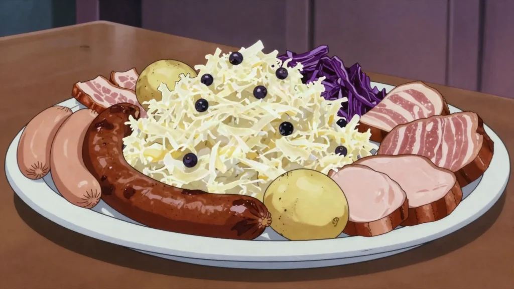Choucroute garnie, fermented cabbage braised in wine with sausages, bacon and salted pork, France main, anime style