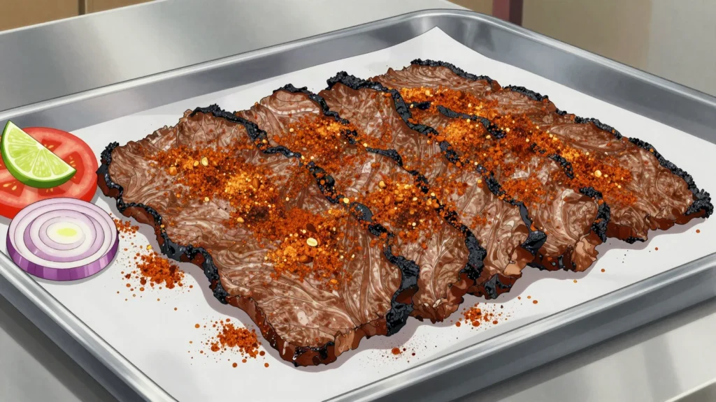 Choukouya, dry-grilled beef or mutton dusted with spicy kankankan peanut powder, Côte d'Ivoire street food, anime style