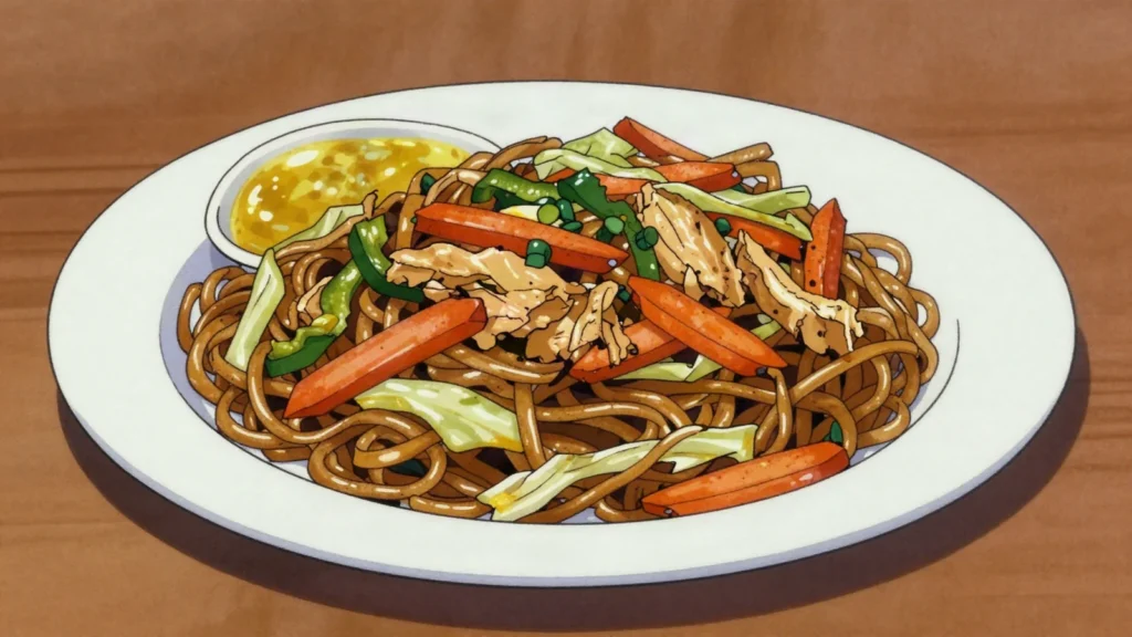 Chow mein, guyanese-Chinese noodles stir-fried with vegetables and chicken, Guyana main, anime style