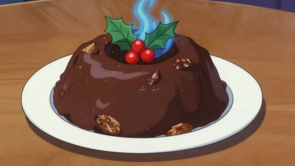 Christmas pudding, dense steamed dried-fruit pudding, doused in brandy and set alight, United Kingdom dessert, anime style
