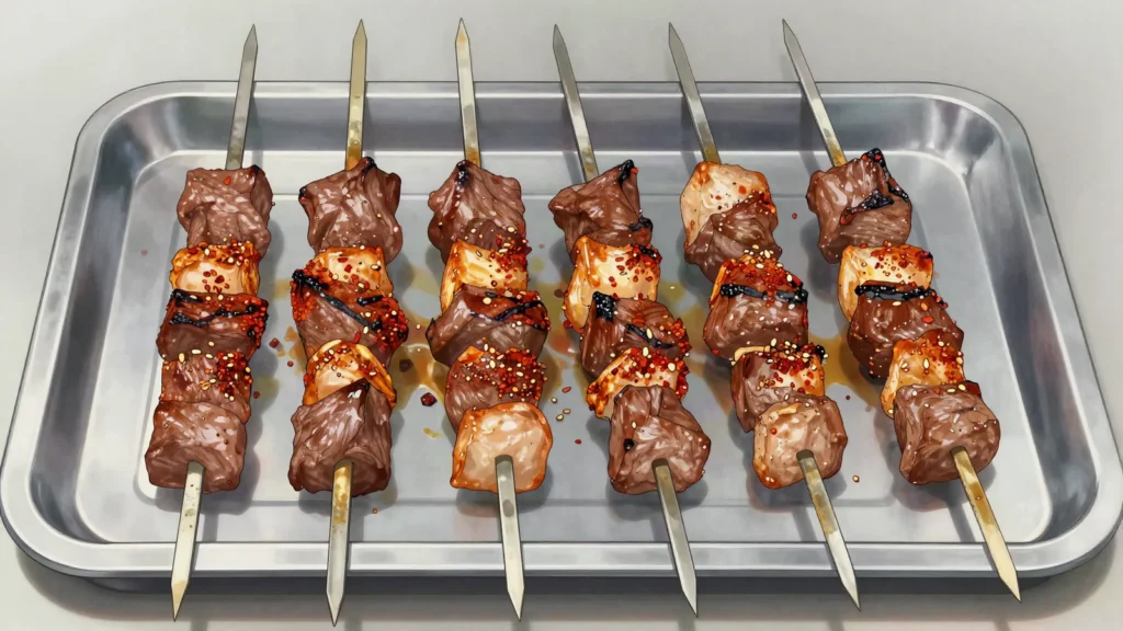 Chuan'r, cumin-and-chilli lamb skewers grilled over charcoal at pavement stalls, China street food, anime style