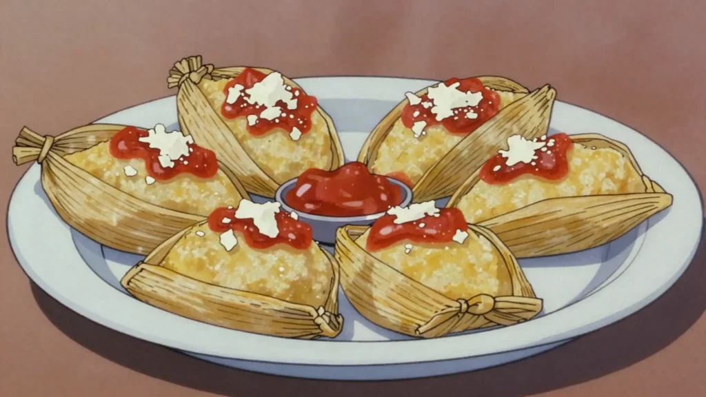 Chuchitos, small firm corn tamales with tomato sauce and cheese, Guatemala snack, anime style