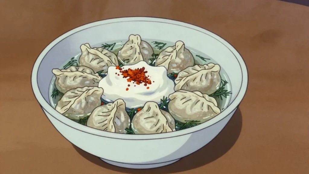 Chuchvara, tiny boiled dumplings served in broth with suzma, Uzbekistan soup & stew, anime style